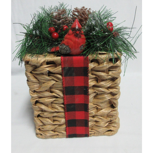 Christmas Gift Present Rattan Box Light Up Cardinal Buffalo Plaid Pinecones 6x6 - Picture 1 of 8